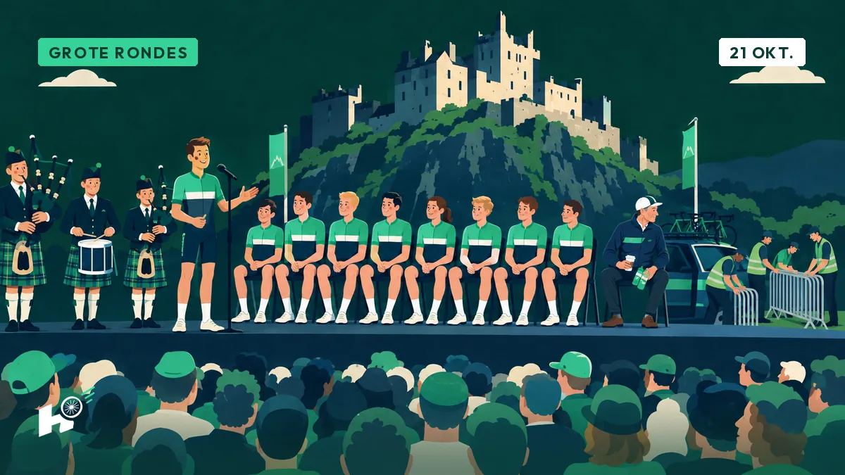 Rik zit aan het uiteinde van een rij renners op een podium voor een kasteel, met een koffie in de hand, en kijkt naar de hekken die worden opgevouwen.