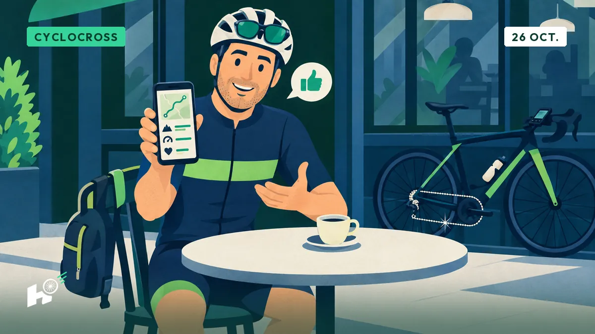Xavier, en tenue de cycliste dans un café, montre son compteur sur son téléphone ; un seul pouce levé apparaît à côté.