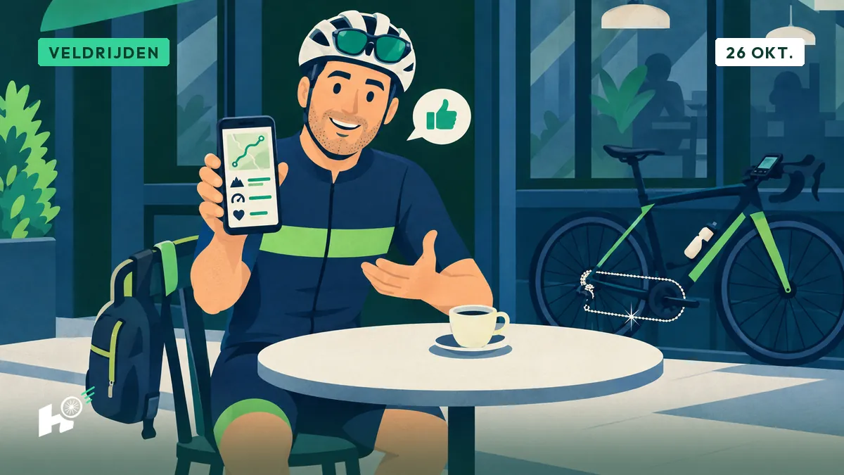 Xavier, en tenue de cycliste dans un café, montre son compteur sur son téléphone ; un seul pouce levé apparaît à côté.