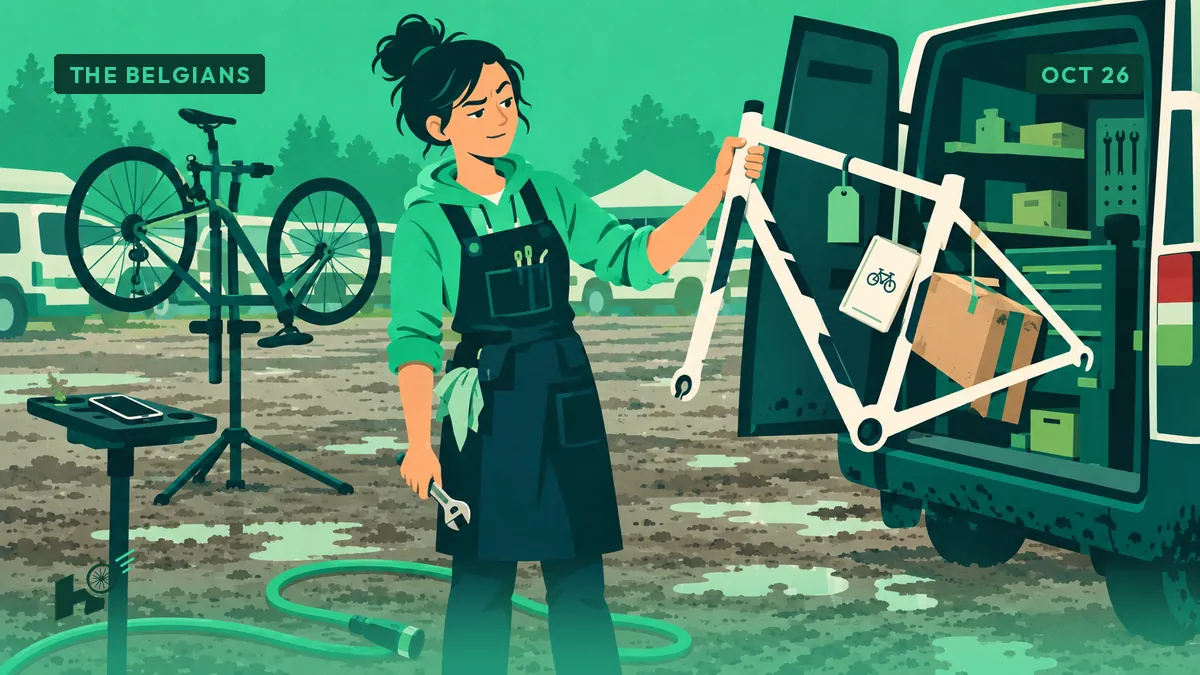 Sandrine, a mechanic, holds a new bike frame with its tag but no rear wheel in a muddy cyclocross parking lot, a hose at her feet.