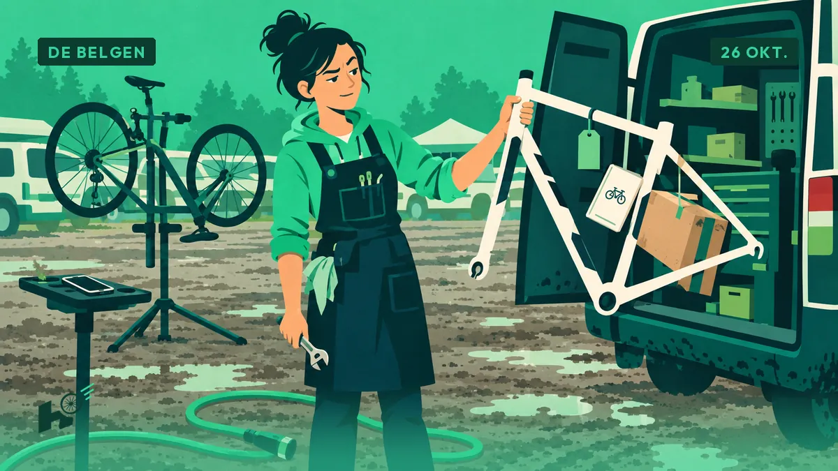 Sandrine, fietsenmaker, houdt een nieuw fietsframe met label maar zonder achterwiel vast op een modderige veldritparking, met een tuinslang aan haar voeten.