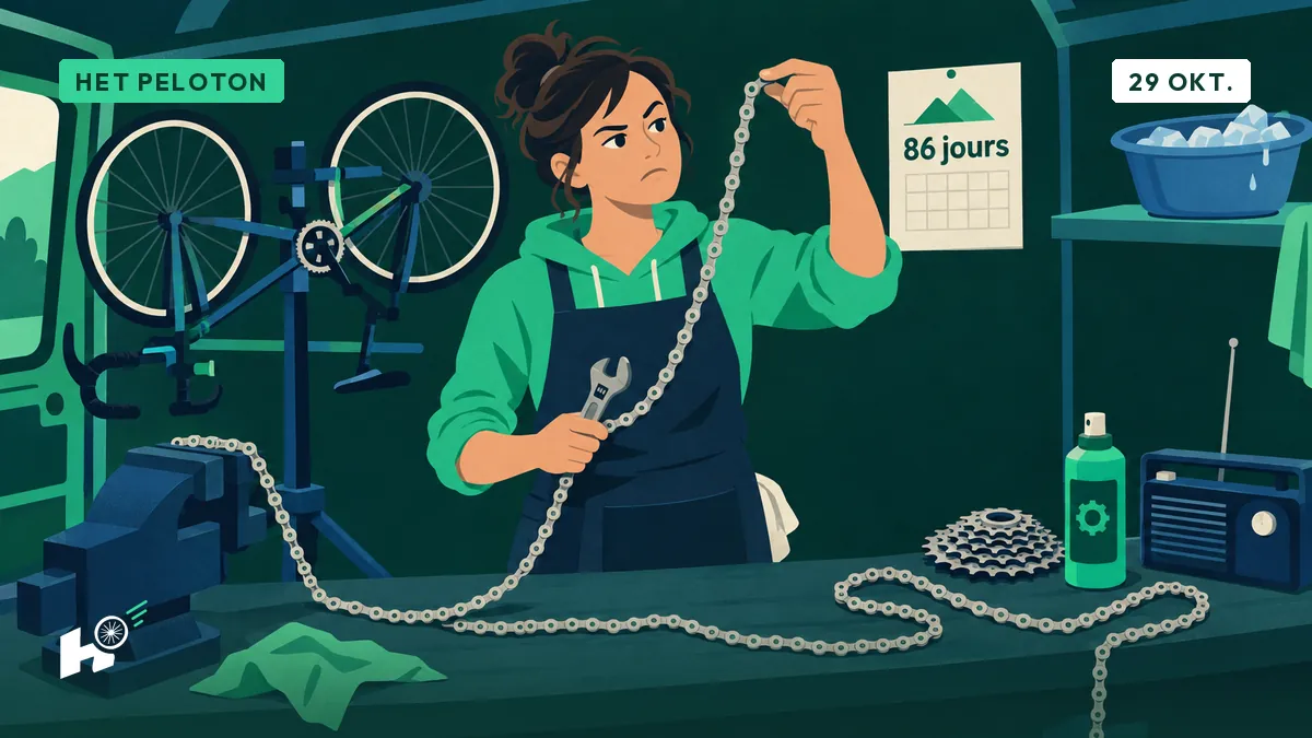 Sandrine, de mecanicien, bekijkt aan haar werkbank een belachelijk lange fietsketting die over het werkblad hangt, met een kalender aan de muur.